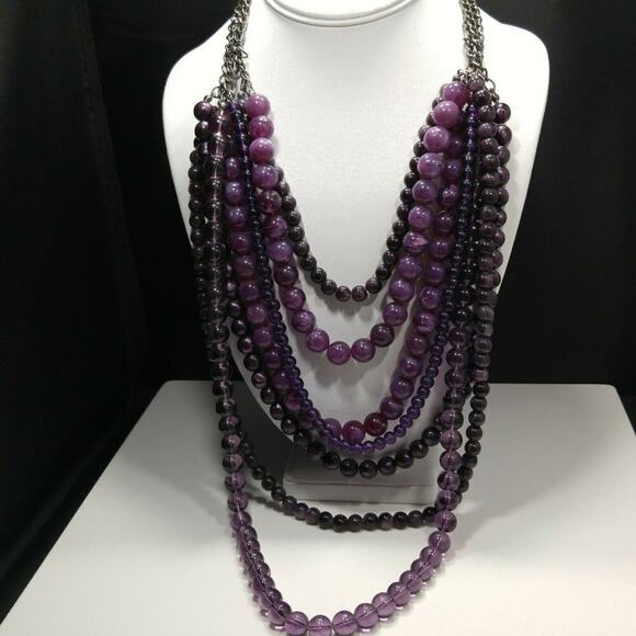 Chico's Purple Multi-Strand Acrylic Layered Bead Necklace, Gunmetal Gray Chains - Picture 16 of 16
